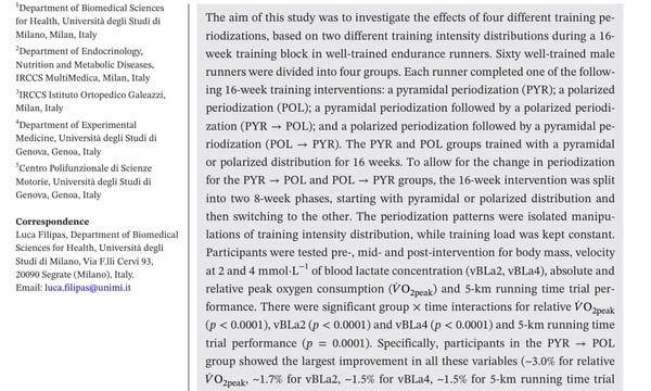 6周金字塔式和极化式训练强度分配对训练有素的耐力跑者的影响