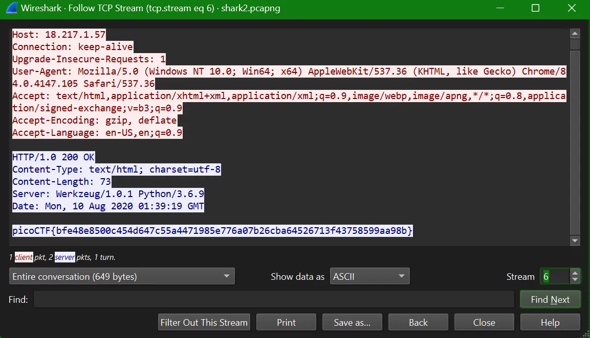tcp stream #6 I see a picoCTF flag