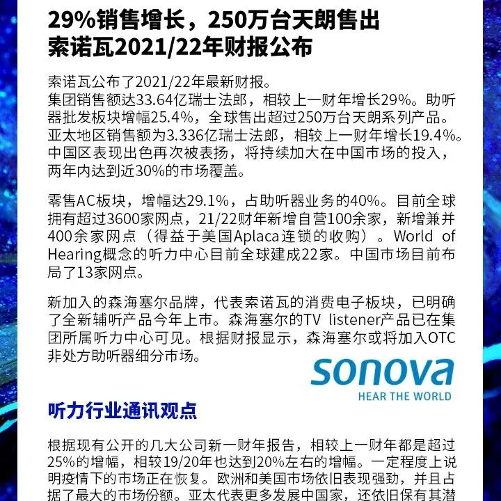 1分钟行业新闻｜索诺瓦公布2021/22年最新财报