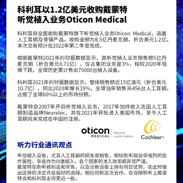1分钟行业新闻｜科利耳以1.2亿美元收购戴蒙特听觉植入业务Oticon Medical